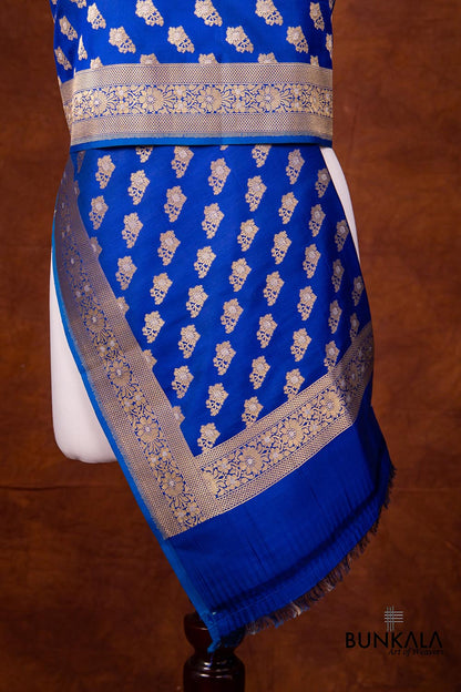 Blue Pure Katan Silk Handloom Sona Rupa Allover Small floral Buti Banarasi Dupatta
