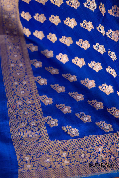 Blue Pure Katan Silk Handloom Sona Rupa Allover Small floral Buti Banarasi Dupatta