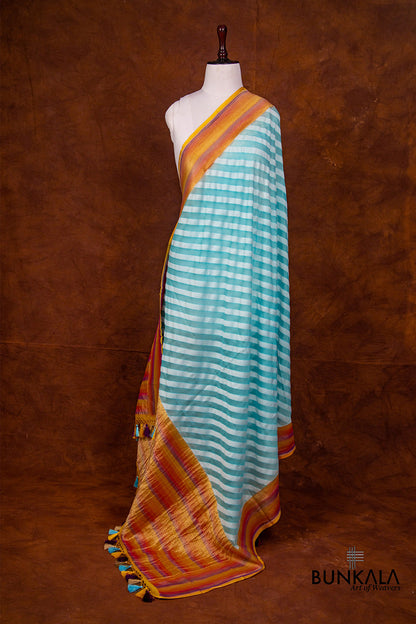 Sky Blue and White Pure Georgette Hand Brush Dye Stripe Design Banarasi Dupatta