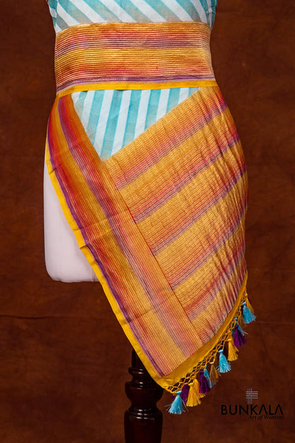 Sky Blue and White Pure Georgette Hand Brush Dye Stripe Design Banarasi Dupatta