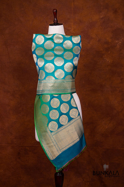 Blue and Green Two Tone Pure Katan Silk Handloom Allover Round Buta Banarasi Dupatta