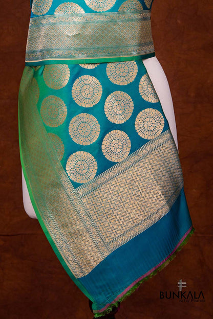 Blue and Green Two Tone Pure Katan Silk Handloom Allover Round Buta Banarasi Dupatta