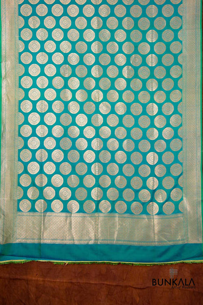 Blue and Green Two Tone Pure Katan Silk Handloom Allover Round Buta Banarasi Dupatta