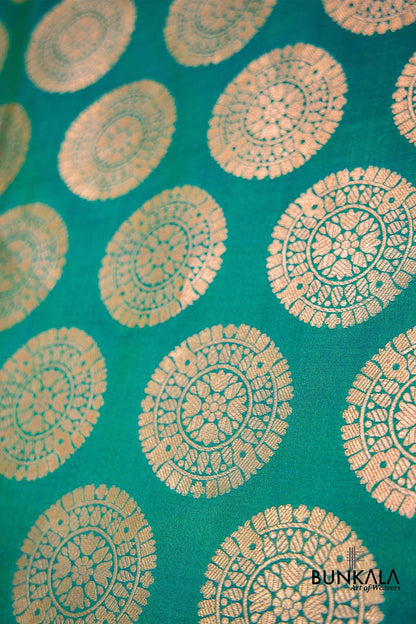 Blue and Green Two Tone Pure Katan Silk Handloom Allover Round Buta Banarasi Dupatta