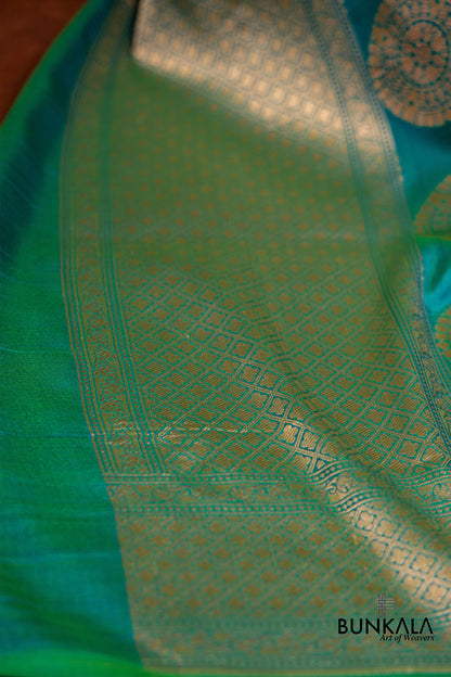 Blue and Green Two Tone Pure Katan Silk Handloom Allover Round Buta Banarasi Dupatta