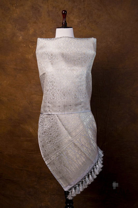 Silver Grey Mughal Pattern Brocade Weaved Banarasi Mashru Silk Dupatta