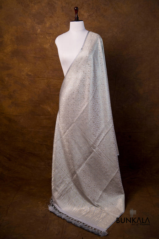 Silver Grey Mughal Pattern Brocade Weaved Banarasi Mashru Silk Dupatta