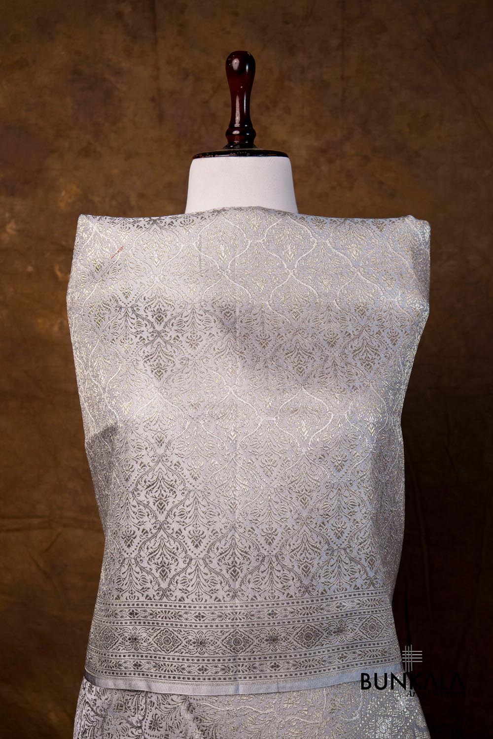 Silver Grey Mughal Pattern Brocade Weaved Banarasi Mashru Silk Dupatta