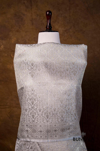 Silver Grey Mughal Pattern Brocade Weaved Banarasi Mashru Silk Dupatta
