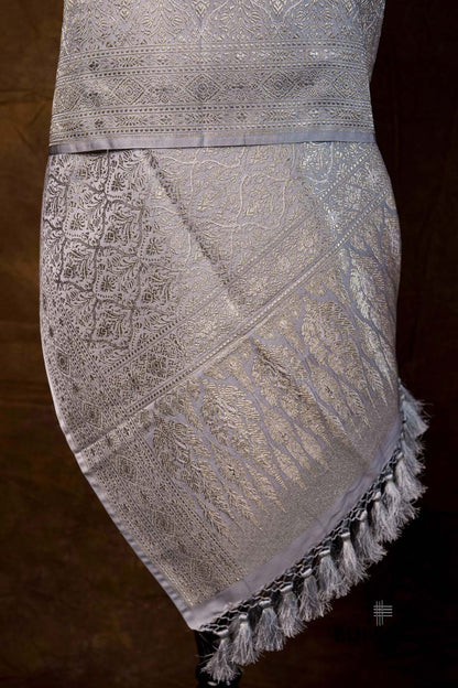 Silver Grey Mughal Pattern Brocade Weaved Banarasi Mashru Silk Dupatta