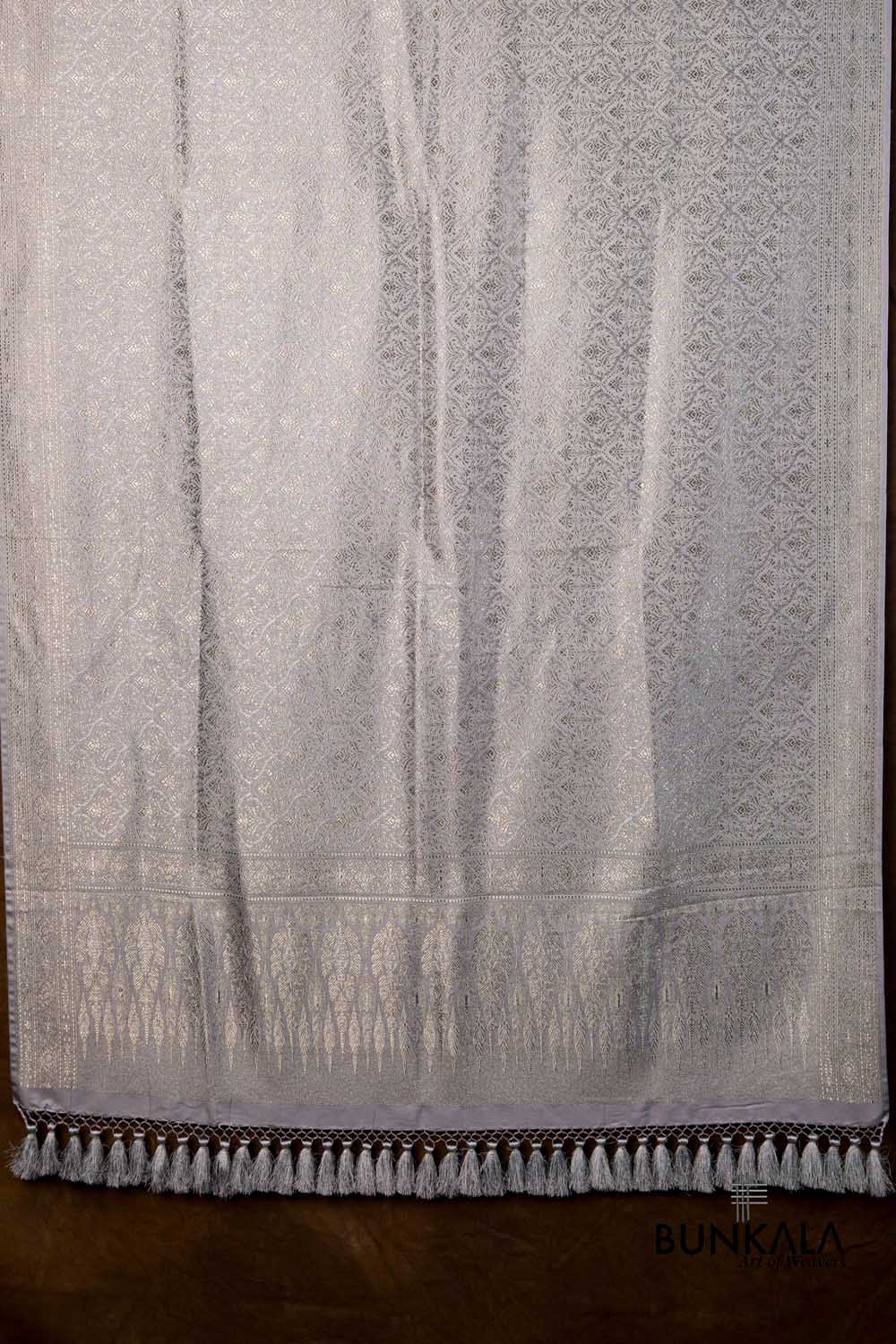 Silver Grey Mughal Pattern Brocade Weaved Banarasi Mashru Silk Dupatta