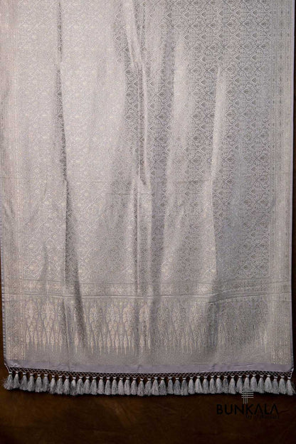 Silver Grey Mughal Pattern Brocade Weaved Banarasi Mashru Silk Dupatta
