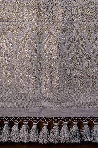 Silver Grey Mughal Pattern Brocade Weaved Banarasi Mashru Silk Dupatta