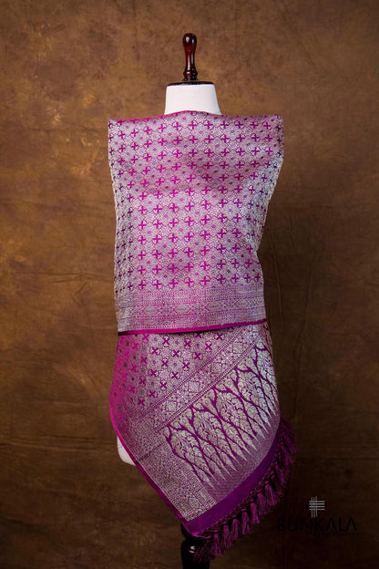 Purple Flower Motifs Brocade Weaved Banarasi Mashru Silk Dupatta