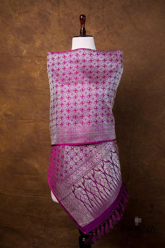 Purple Flower Motifs Brocade Weaved Banarasi Mashru Silk Dupatta