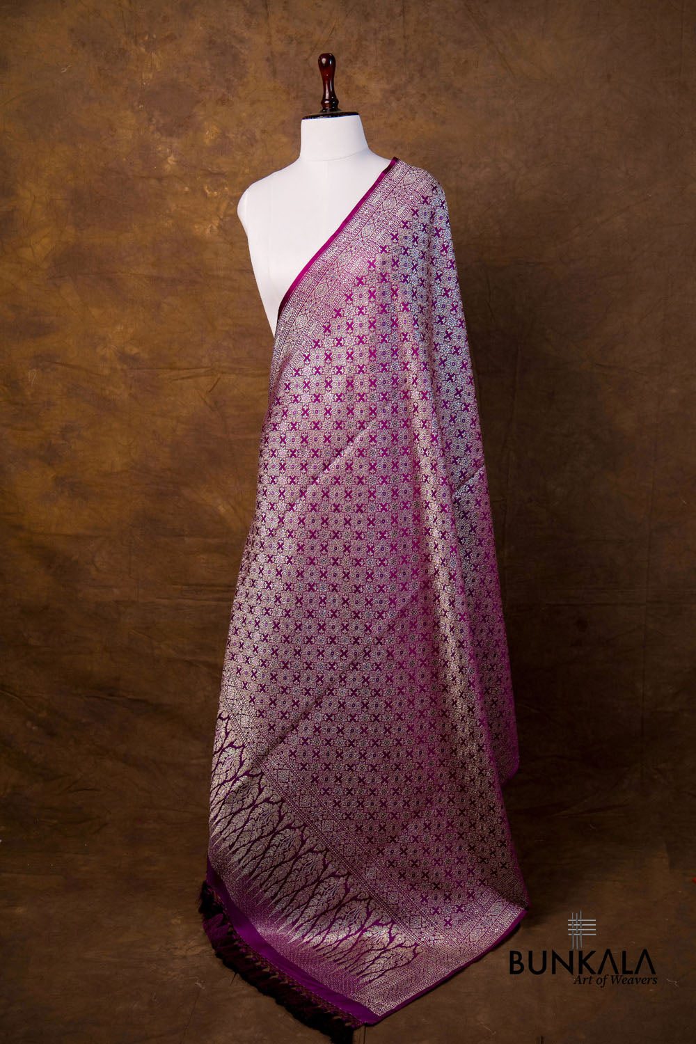 Purple Flower Motifs Brocade Weaved Banarasi Mashru Silk Dupatta