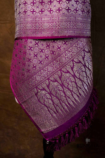 Purple Flower Motifs Brocade Weaved Banarasi Mashru Silk Dupatta