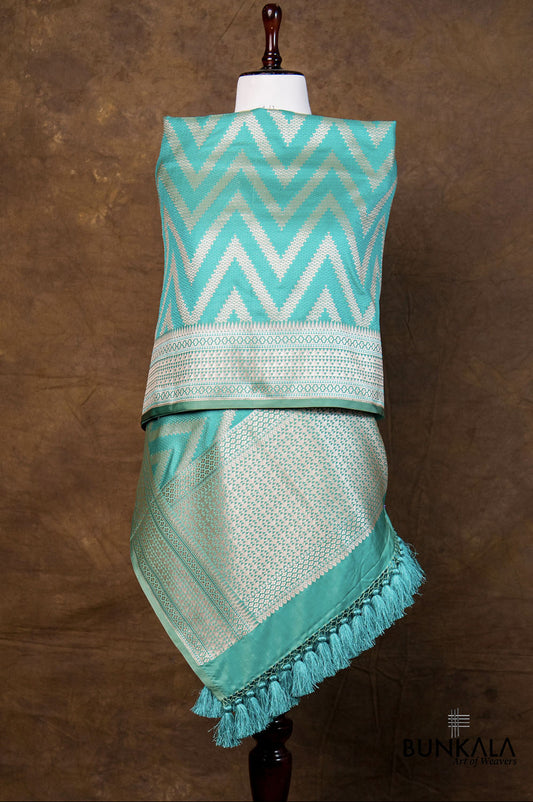 Turquoise Blue Chevron Zig Zag Pattern Weaved Banarasi Mashru Silk Dupatta