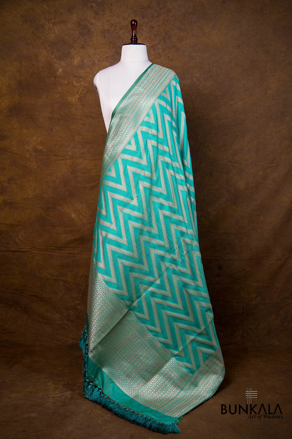 Turquoise Blue Chevron Zig Zag Pattern Weaved Banarasi Mashru Silk Dupatta