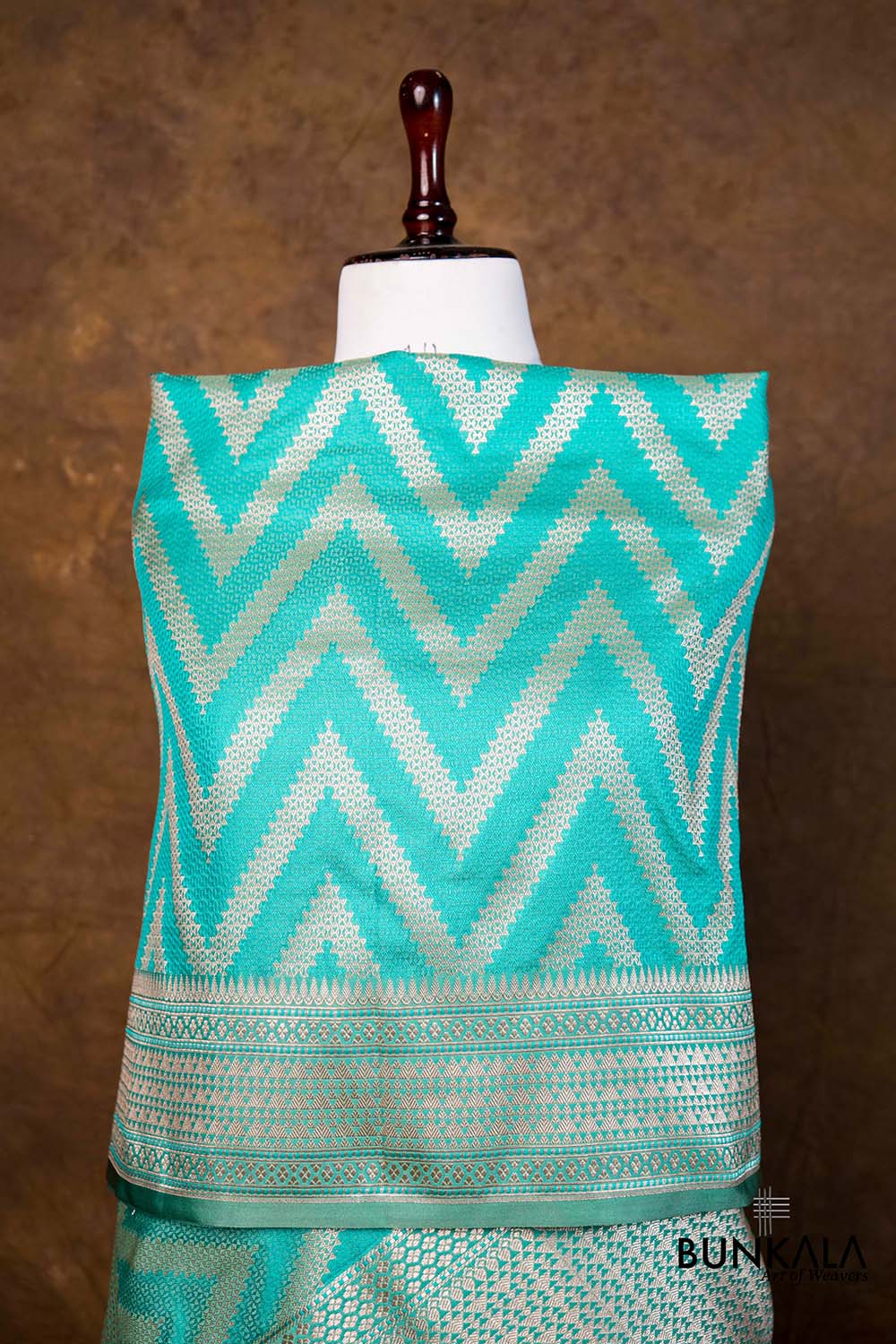 Turquoise Blue Chevron Zig Zag Pattern Weaved Banarasi Mashru Silk Dupatta