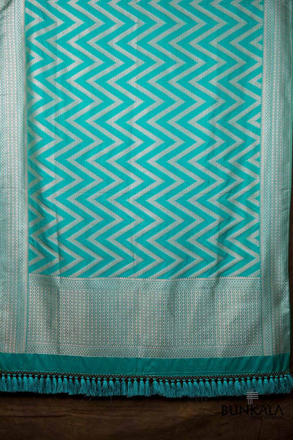 Turquoise Blue Chevron Zig Zag Pattern Weaved Banarasi Mashru Silk Dupatta