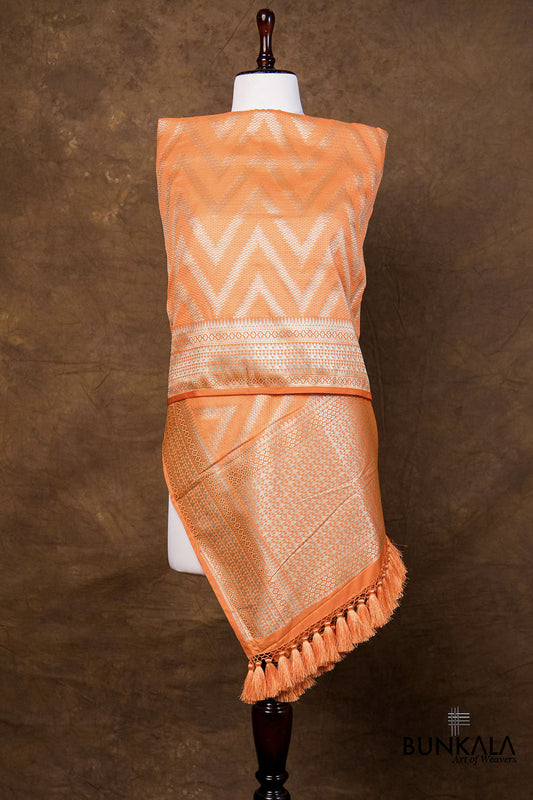 Sunset Peachy Orange Chevron Zig Zag Pattern Weaved Banarasi Mashru Silk Dupatta