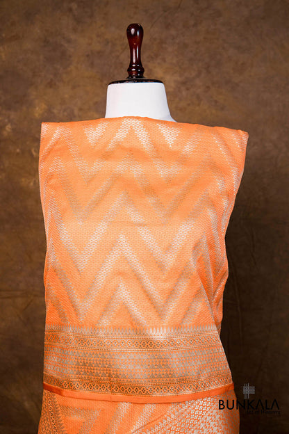 Sunset Peachy Orange Chevron Zig Zag Pattern Weaved Banarasi Mashru Silk Dupatta