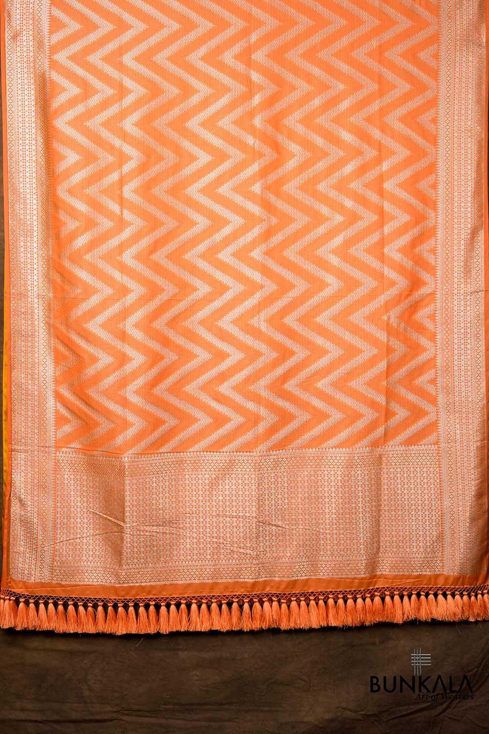 Sunset Peachy Orange Chevron Zig Zag Pattern Weaved Banarasi Mashru Silk Dupatta