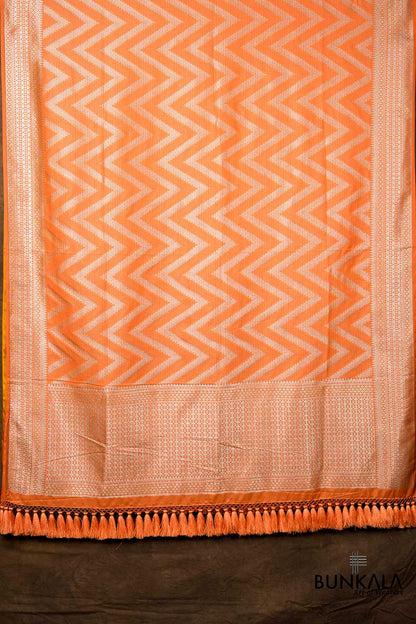 Sunset Peachy Orange Chevron Zig Zag Pattern Weaved Banarasi Mashru Silk Dupatta