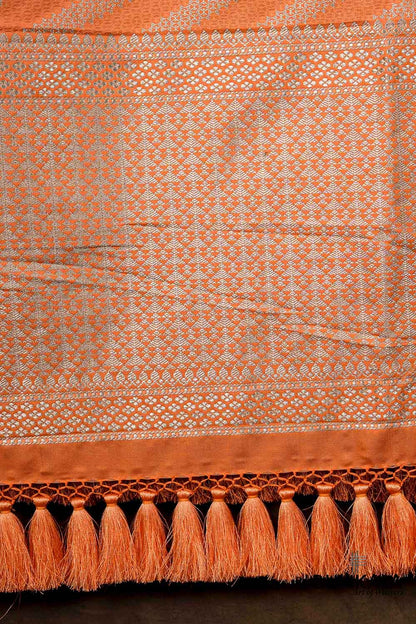 Sunset Peachy Orange Chevron Zig Zag Pattern Weaved Banarasi Mashru Silk Dupatta