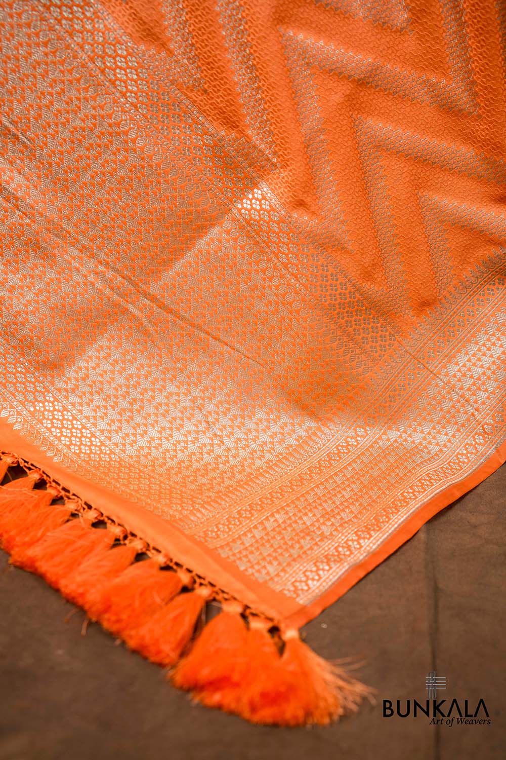 Sunset Peachy Orange Chevron Zig Zag Pattern Weaved Banarasi Mashru Silk Dupatta