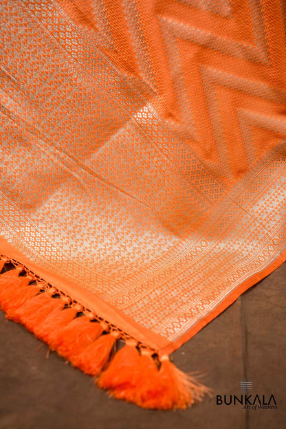 Sunset Peachy Orange Chevron Zig Zag Pattern Weaved Banarasi Mashru Silk Dupatta