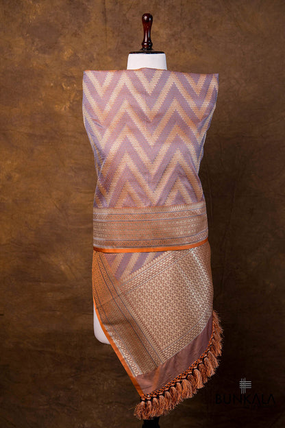 Peach Grey Chevron Zig Zag Pattern Weaved Banarasi Mashru Silk Dupatta