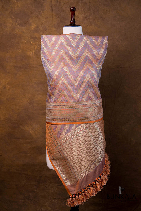 Peach Grey Chevron Zig Zag Pattern Weaved Banarasi Mashru Silk Dupatta