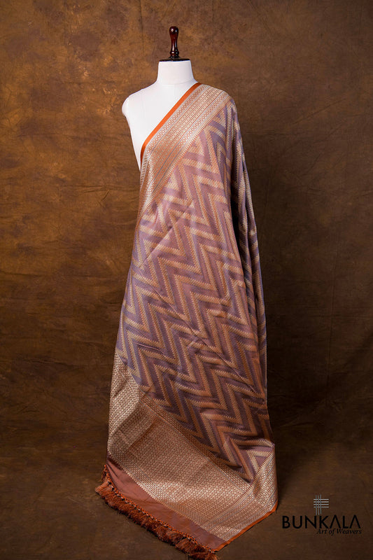 Peach Grey Chevron Zig Zag Pattern Weaved Banarasi Mashru Silk Dupatta