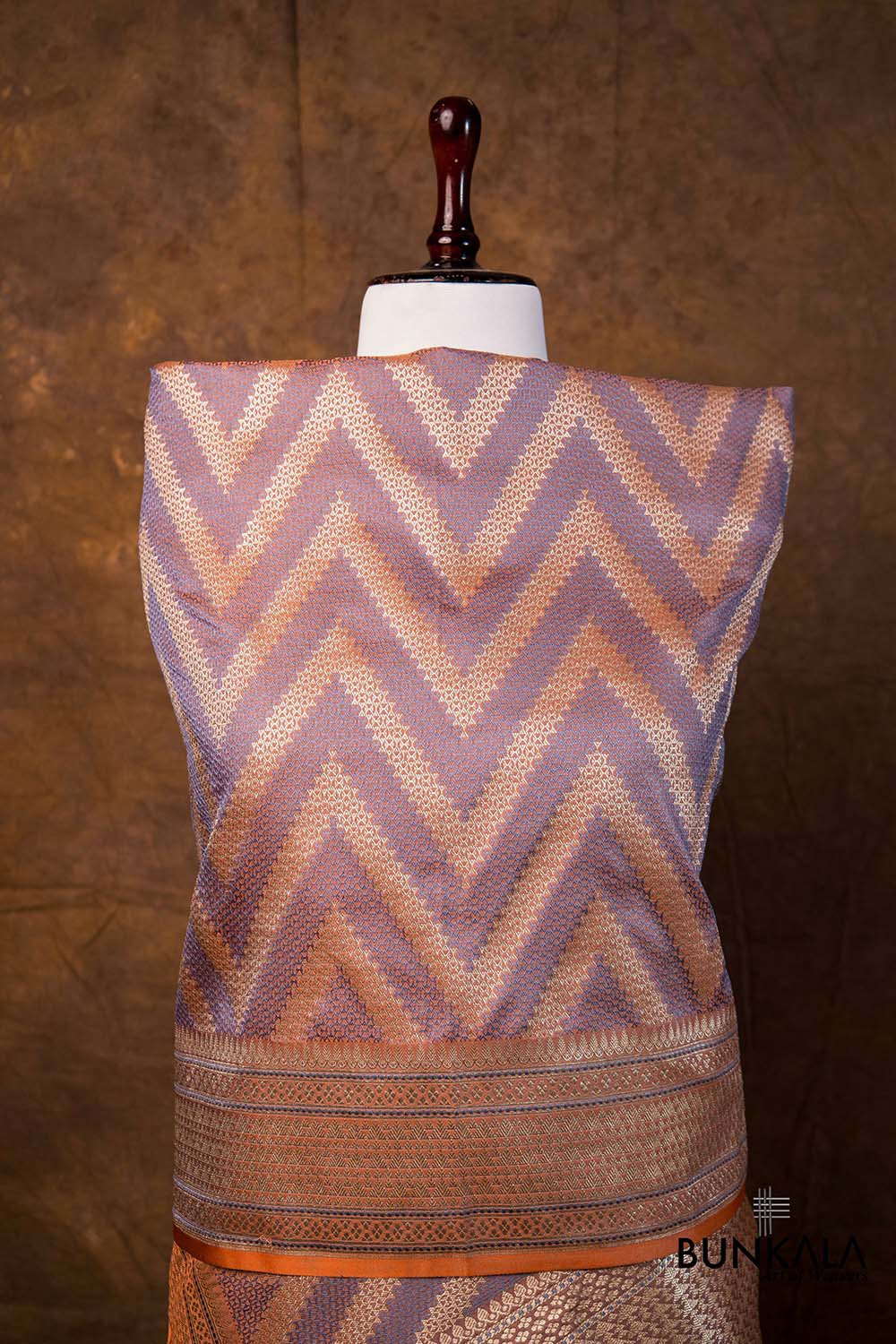 Peach Grey Chevron Zig Zag Pattern Weaved Banarasi Mashru Silk Dupatta