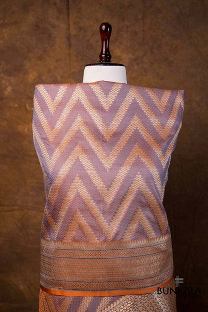 Peach Grey Chevron Zig Zag Pattern Weaved Banarasi Mashru Silk Dupatta
