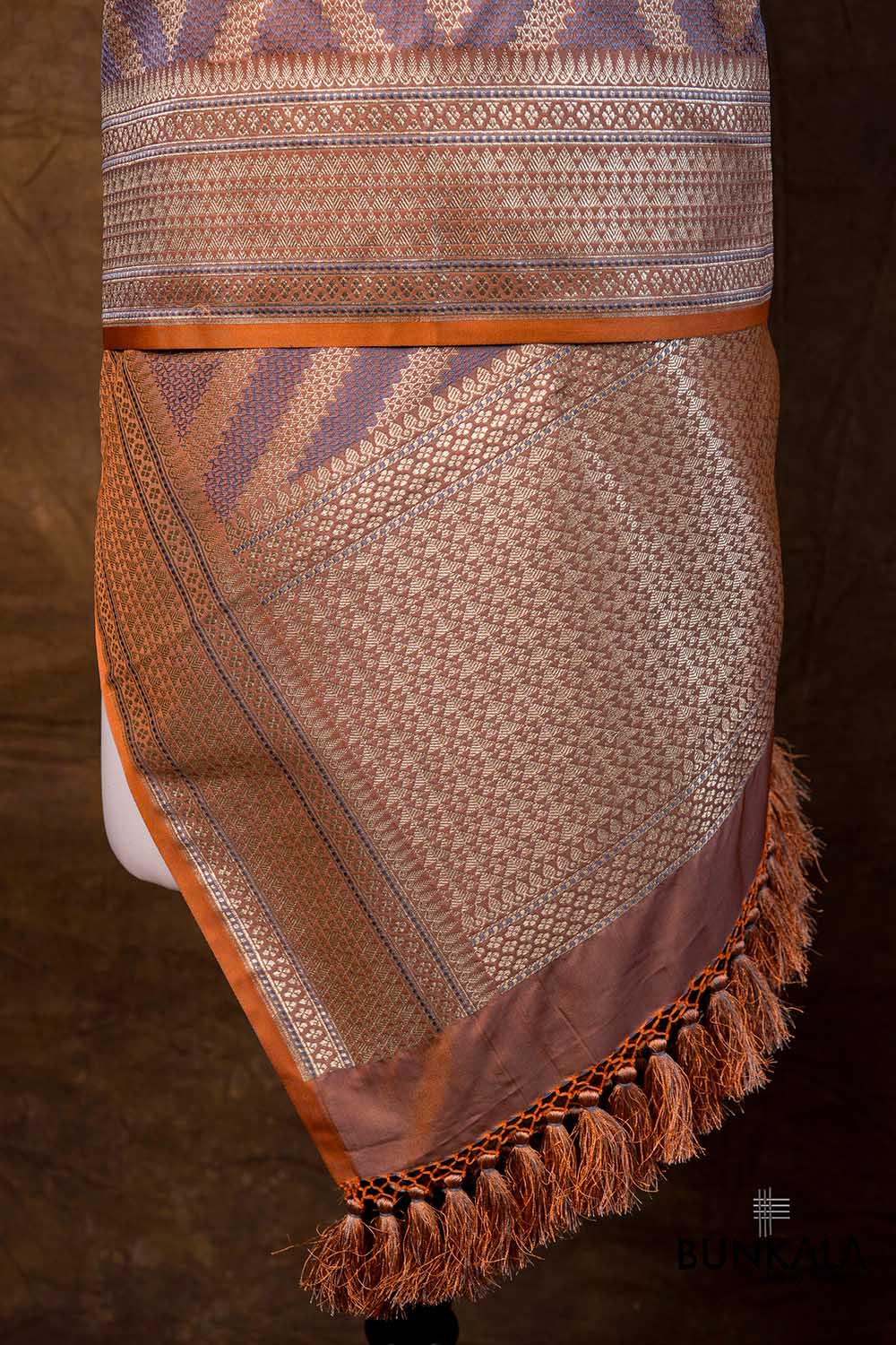 Peach Grey Chevron Zig Zag Pattern Weaved Banarasi Mashru Silk Dupatta