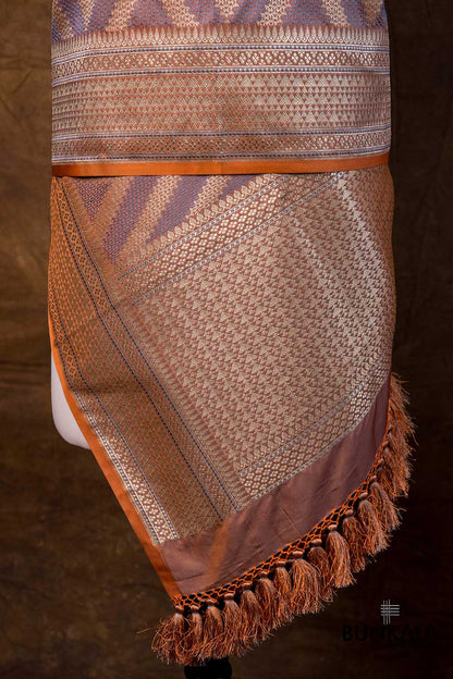 Peach Grey Chevron Zig Zag Pattern Weaved Banarasi Mashru Silk Dupatta