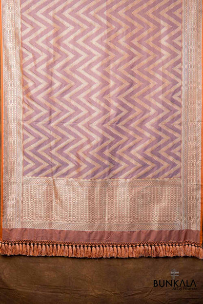 Peach Grey Chevron Zig Zag Pattern Weaved Banarasi Mashru Silk Dupatta