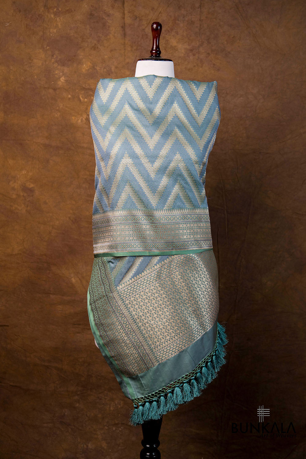 Dusty Greyish Green Chevron Zig Zag Pattern Weaved Banarasi Mashru Silk Dupatta