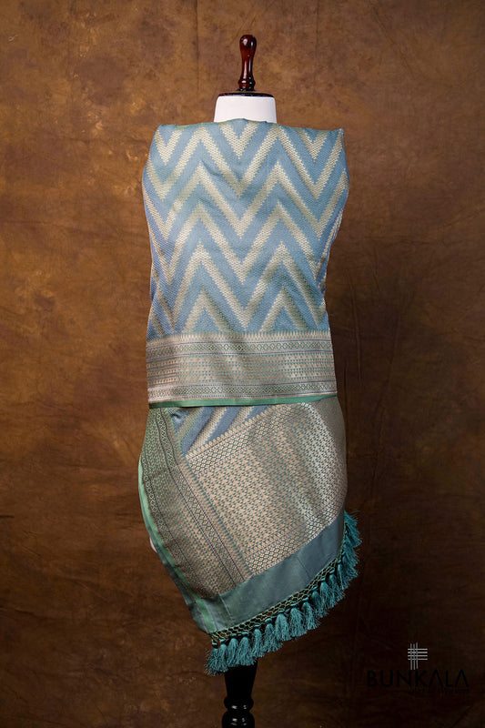 Dusty Greyish Green Chevron Zig Zag Pattern Weaved Banarasi Mashru Silk Dupatta