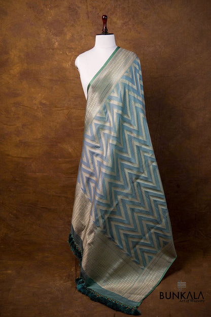 Dusty Greyish Green Chevron Zig Zag Pattern Weaved Banarasi Mashru Silk Dupatta