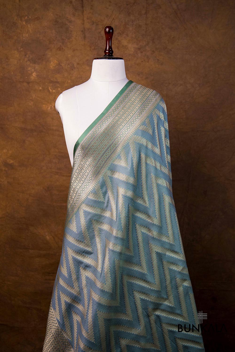 Dusty Greyish Green Chevron Zig Zag Pattern Weaved Banarasi Mashru Silk Dupatta