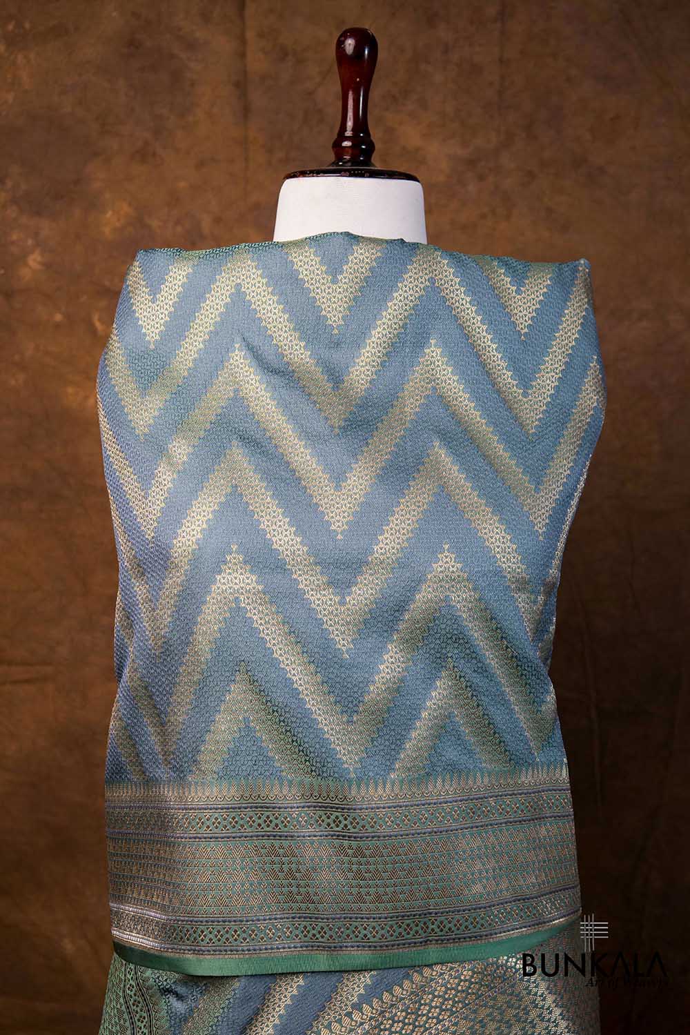 Dusty Greyish Green Chevron Zig Zag Pattern Weaved Banarasi Mashru Silk Dupatta