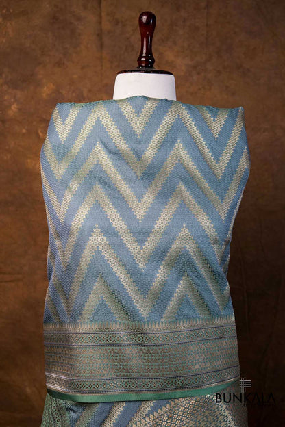 Dusty Greyish Green Chevron Zig Zag Pattern Weaved Banarasi Mashru Silk Dupatta