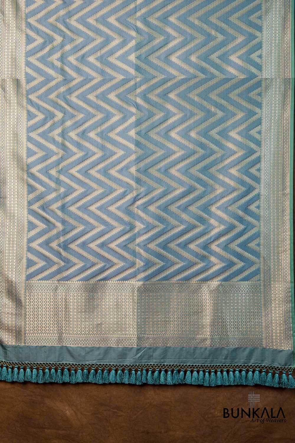 Dusty Greyish Green Chevron Zig Zag Pattern Weaved Banarasi Mashru Silk Dupatta