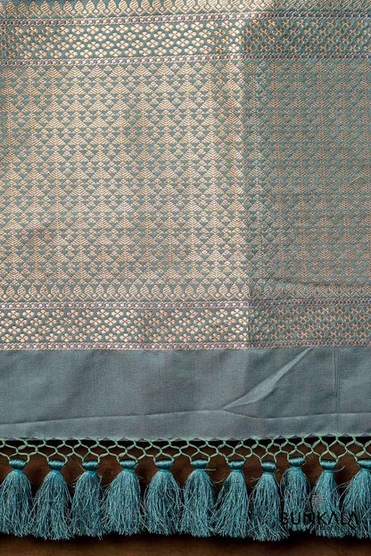 Dusty Greyish Green Chevron Zig Zag Pattern Weaved Banarasi Mashru Silk Dupatta