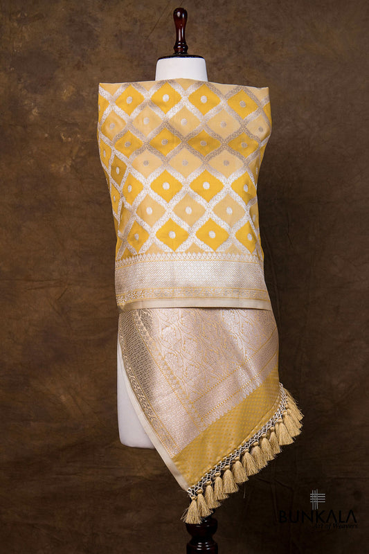Bright Yellow Daimond Jaal Weaved Banarasi Mashru Silk Dupatta