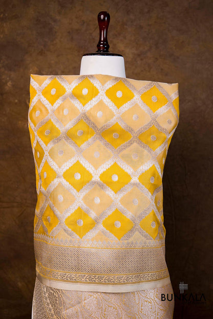 Bright Yellow Daimond Jaal Weaved Banarasi Mashru Silk Dupatta